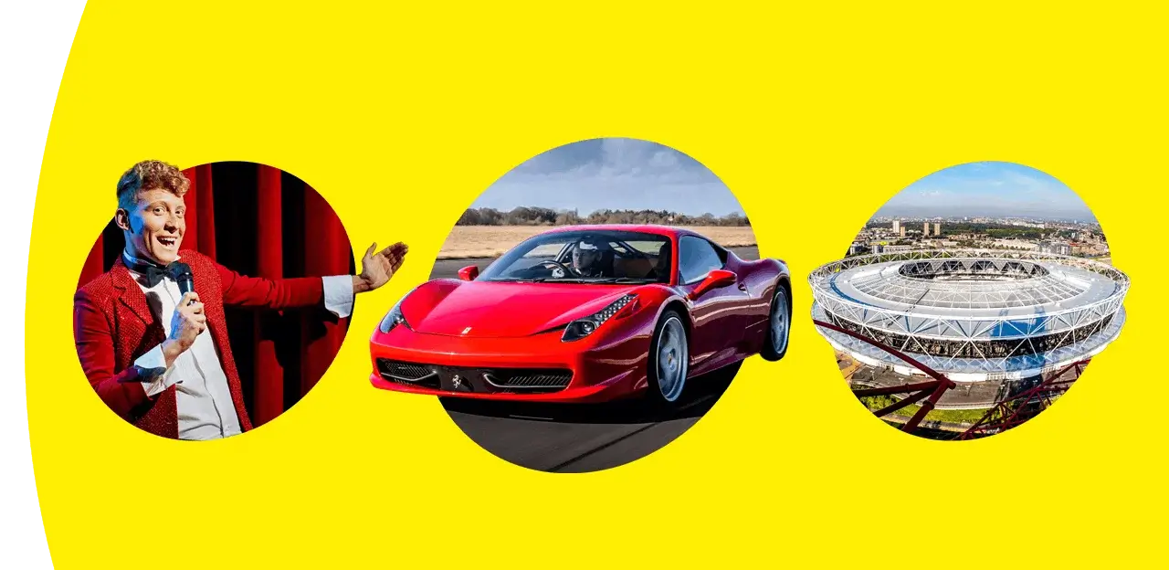 Three circular images showing a performer on stage, a red sports car, and a large stadium on a bright yellow background Three circular images showing a performer on stage, a red sports car, and a large stadium on a bright yellow background