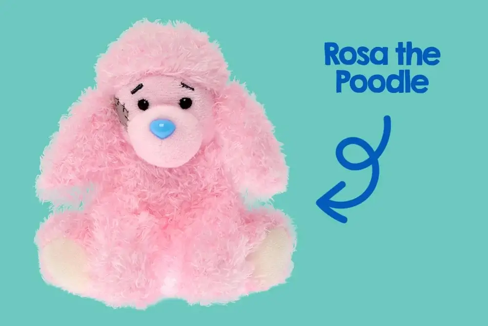 A pink fluffy stuffed animal resembling a poodle with a blue nose and black eyes, sitting against a solid pink background. A pink fluffy stuffed animal resembling a poodle with a blue nose and black eyes, sitting against a solid pink background.