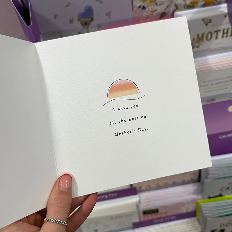 The inside of a greeting card showing a small sun illustration above the printed message: ‘I wish you all the best on Mother’s Day.’