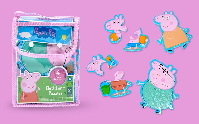 A Peppa Pig bath time foam puzzle set in a transparent carry case, with character foam pieces displayed alongside on a pink background.