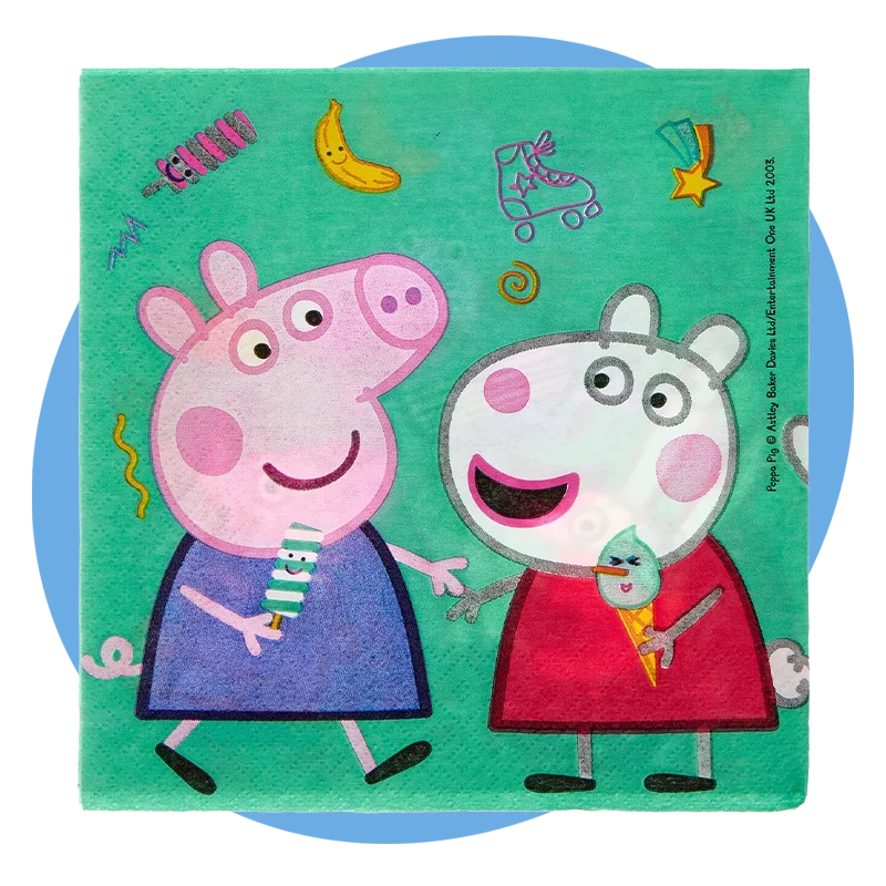 Peppa Pig paper napkins featuring illustrated Peppa Pig characters holding ice creams, with colourful doodle icons on a green background, displayed against a blue circular backdrop.