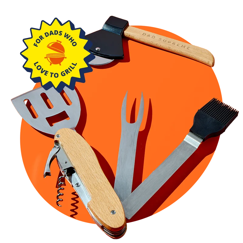 A barbecue tool set displayed on a bright orange background, including a spatula, fork, basting brush, multi‑tool corkscrew, and a pizza cutter with a wooden handle engraved ‘Dad Supreme,’ accompanied by a yellow badge reading ‘For dads who love to grill. A barbecue tool set displayed on a bright orange background, including a spatula, fork, basting brush, multi‑tool corkscrew, and a pizza cutter with a wooden handle engraved ‘Dad Supreme,’ accompanied by a yellow badge reading ‘For dads who love to grill.