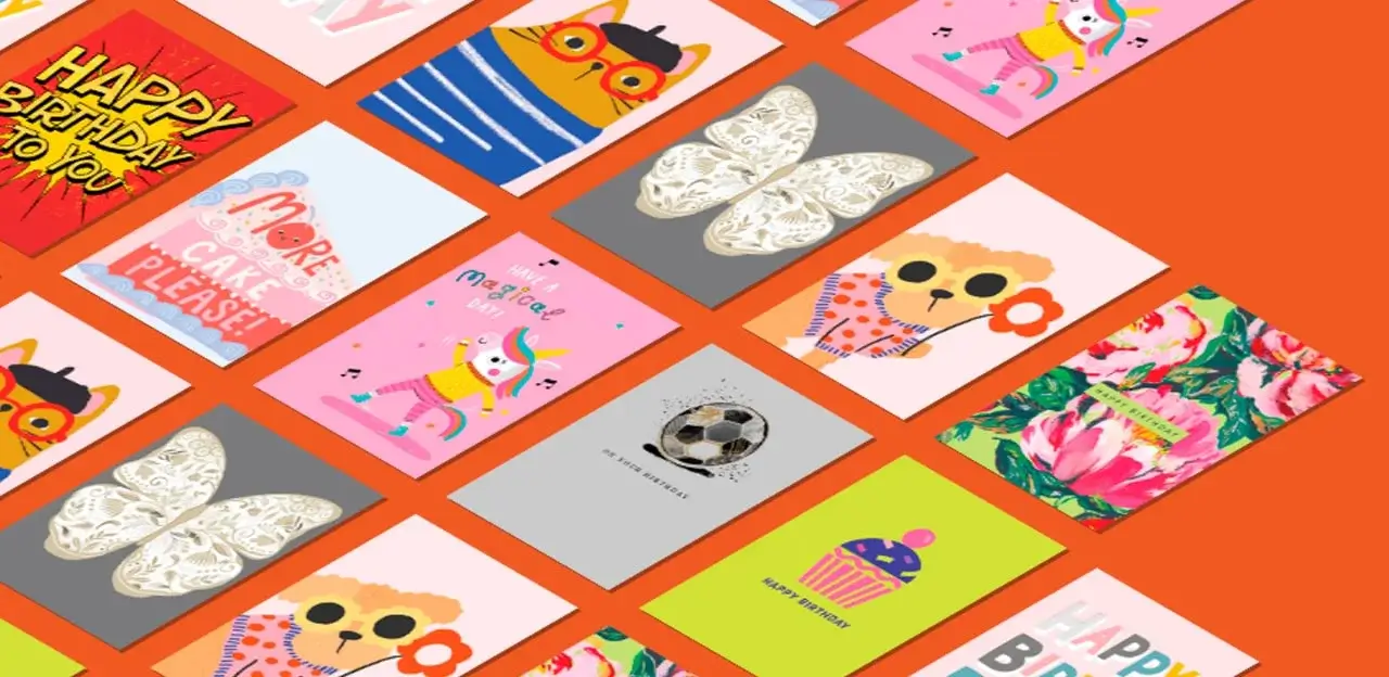 A collection of colorful greeting cards arranged on an orange background. The cards feature various designs, including a soccer ball, a bear with sunglasses, flowers, and birthday messages such as 'HAPPY BIRTHDAY', 'HAPPY BIRTHDAY TO YOU', and 'MORE CAKE PLEASE