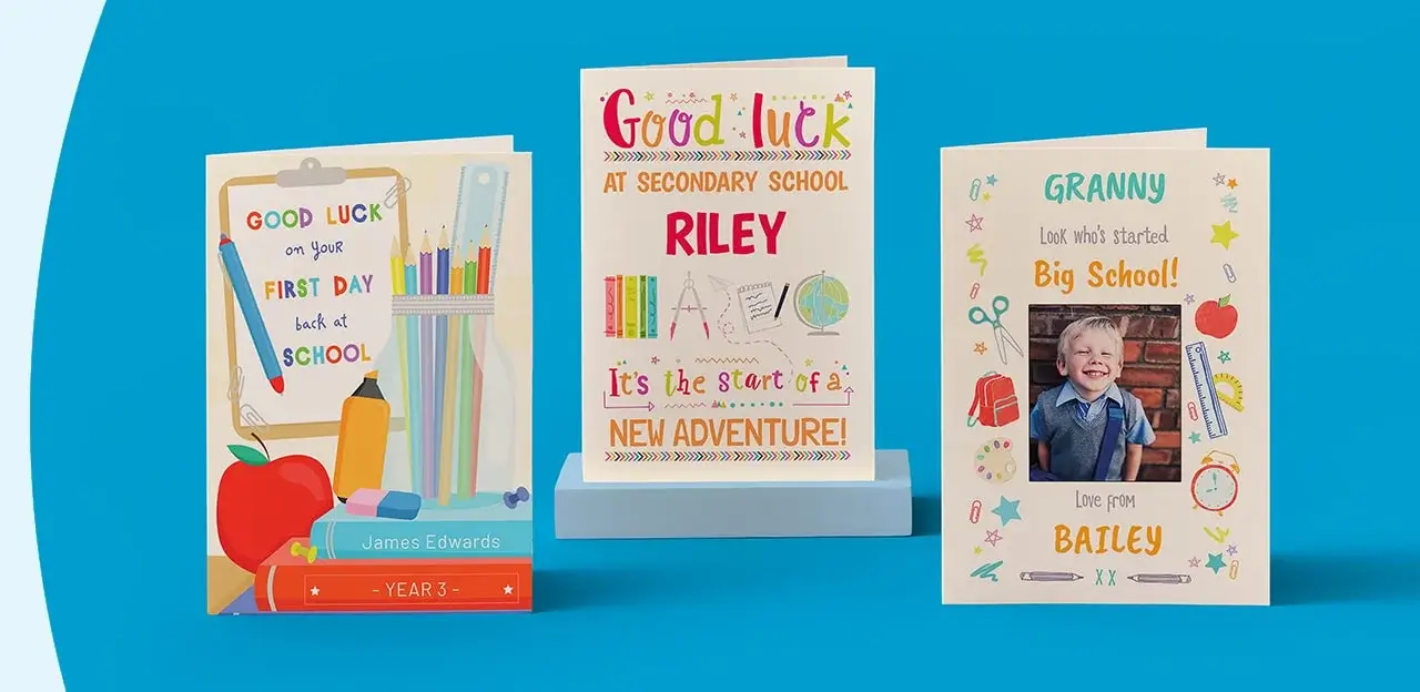 Three school-themed greeting cards on a blue background, each with personalised messages for James, Riley, and Bailey starting or returning to school.