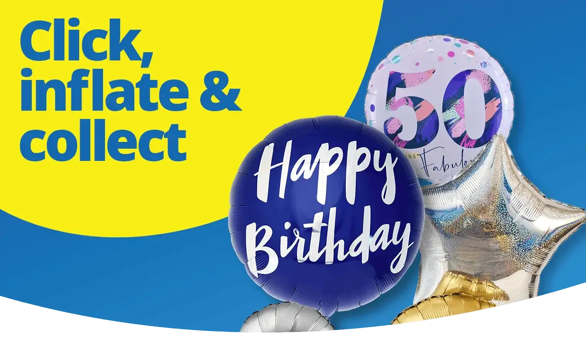 Blue, silver, and colourful birthday balloons arranged together, including a large Happy Birthday balloon and a 50 celebration balloon, with the text Click, inflate and collect on a bright background.