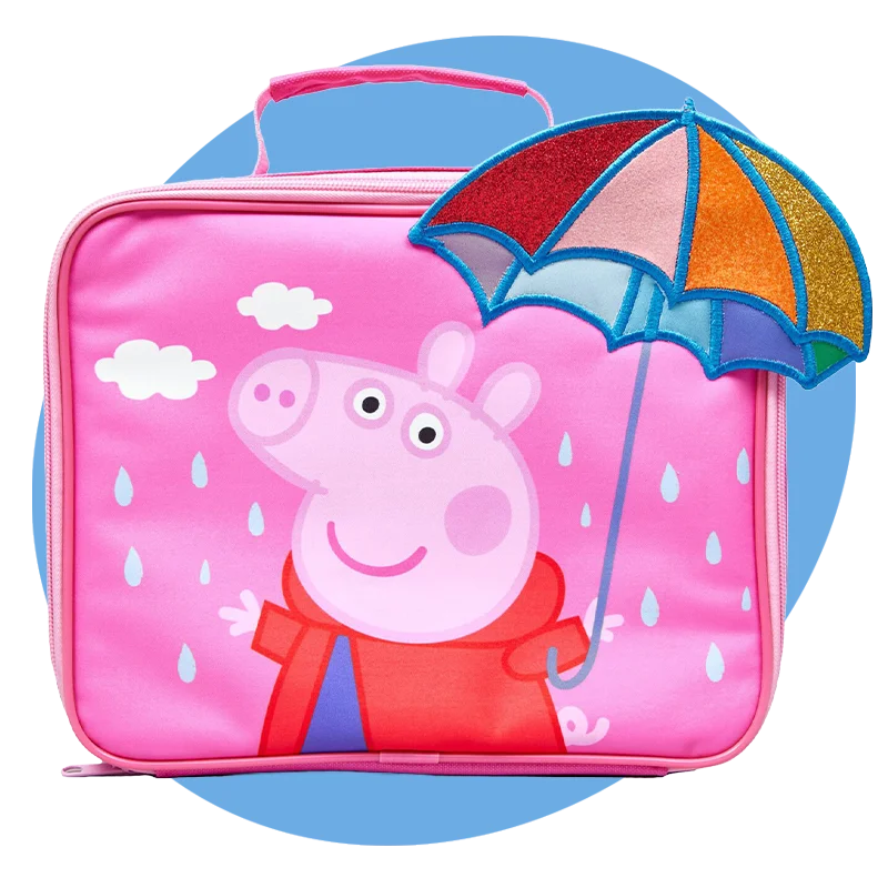 A pink Peppa Pig insulated lunch bag with a zip closure, illustrated with Peppa Pig holding a colourful umbrella and raindrop details, shown against a blue circular background.