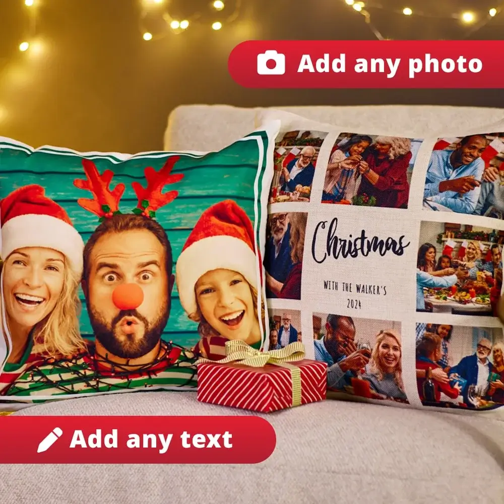 Two personalised photo cushions with Christmas designs placed on a sofa, accompanied by a small wrapped gift box with a gold ribbon.