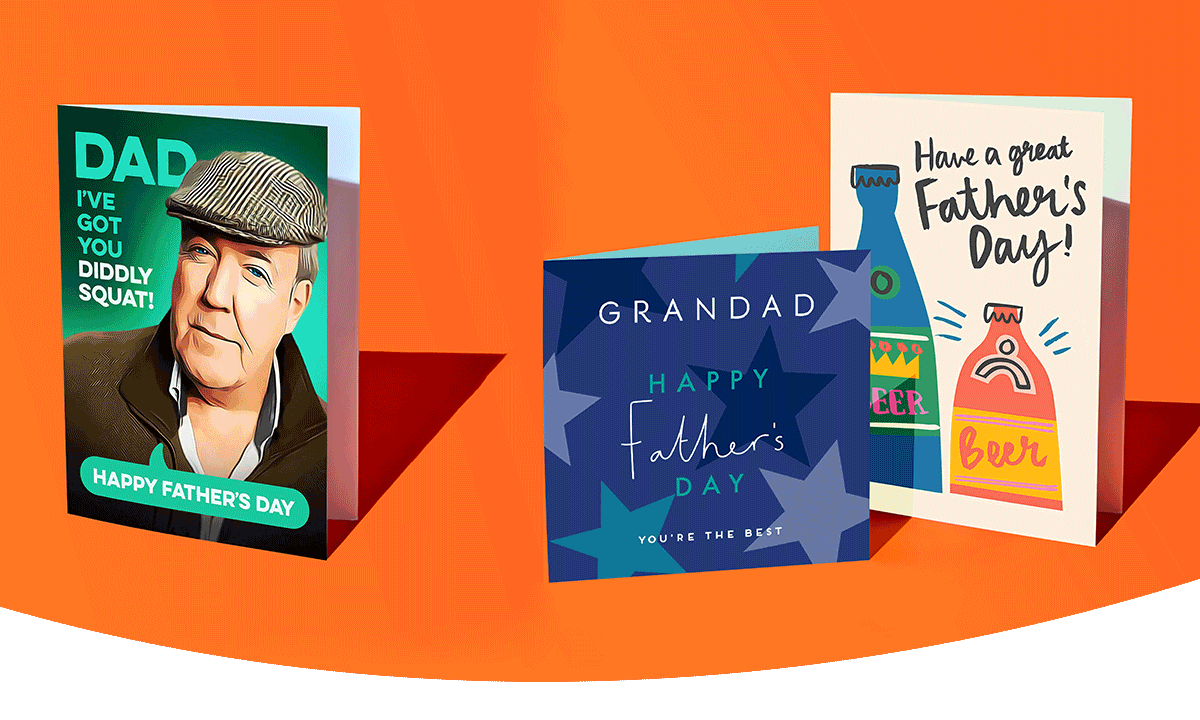 Three Father’s Day cards displayed on an orange background, featuring illustrated and typographic designs including Dad, Grandad, and beer-themed messages