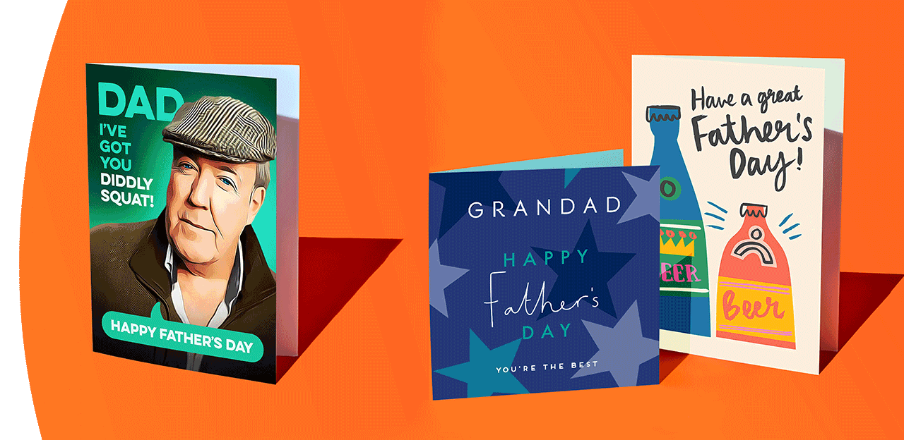 Three Father’s Day cards displayed on an orange background, featuring illustrated and typographic designs including Dad, Grandad, and beer-themed messages