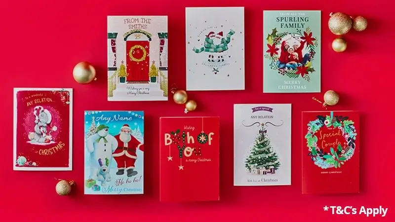 Nine Christmas cards with festive designs including Santa Claus, Christmas trees, and holiday decorations, arranged on a red background with gold ornaments, some cards featuring personalised names and greetings like Merry Christmas and Special Couple.