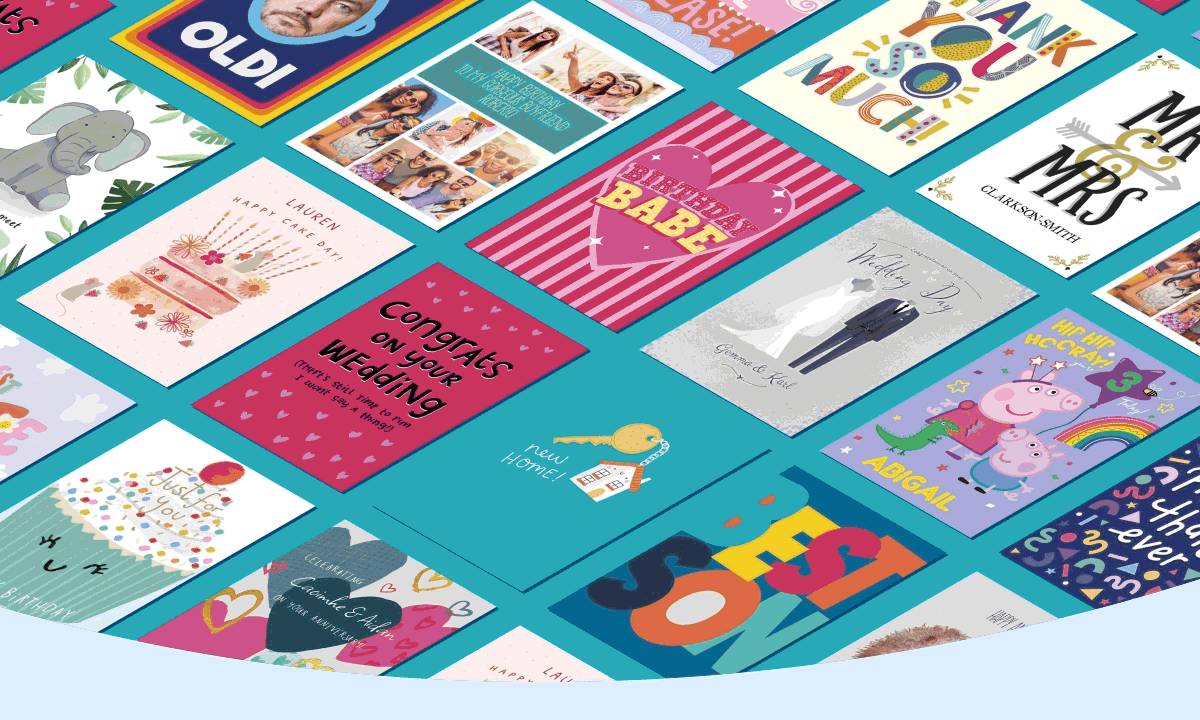 A colourful selection of greeting cards laid out in a grid, featuring designs for birthdays, weddings, thank‑you messages, new homes, and other celebrations.