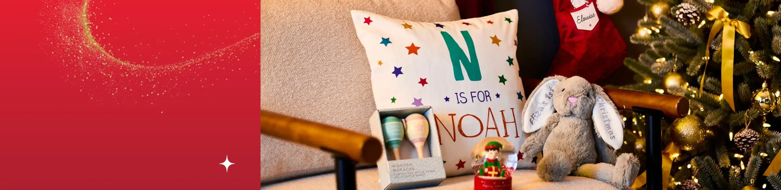 Cozy holiday scene with a beige armchair holding a personalised pillow that says N is for Noah, a plush bunny toy, pastel maracas, and a snow globe, next to a decorated Christmas tree with golden ornaments and a red stocking labeled Eleanor in the background. Cozy holiday scene with a beige armchair holding a personalised pillow that says N is for Noah, a plush bunny toy, pastel maracas, and a snow globe, next to a decorated Christmas tree with golden ornaments and a red stocking labeled Eleanor in the background.