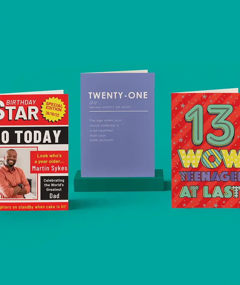Three colourful birthday cards displayed side by side, including a 21st, 13th, and personalised milestone design on a teal background