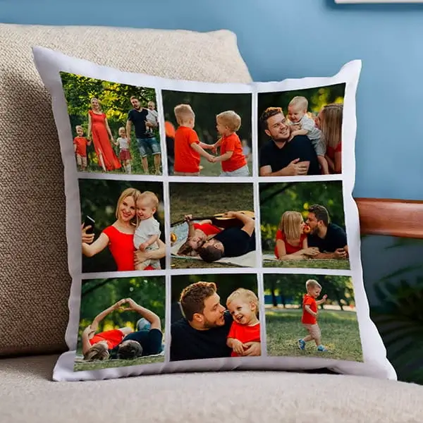 A white photo collage cushion featuring nine family moments displayed on a beige sofa in a cozy living room setting.
