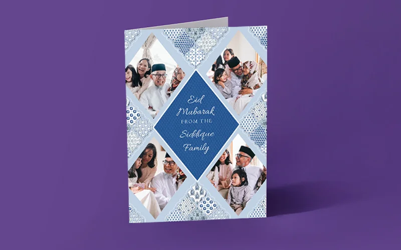 A blue and silver patterned Eid greeting card with a collage-style design and multiple photo windows around the message ‘Eid Mubarak from the Siddique Family.