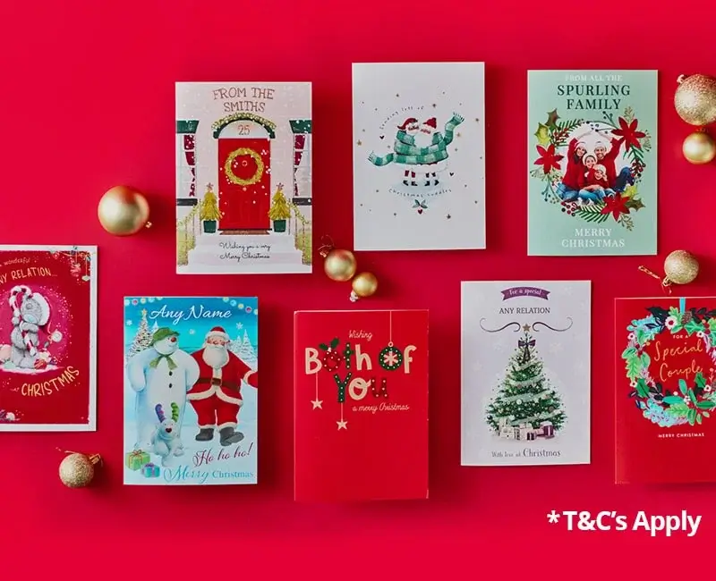 Nine Christmas cards with festive designs including Santa Claus, Christmas trees, and holiday decorations, arranged on a red background with gold ornaments, some cards featuring personalised names and greetings like Merry Christmas and Special Couple.