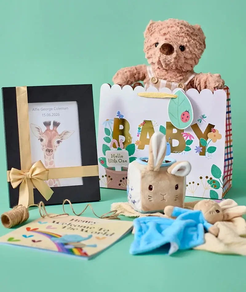 Baby gift display with personalised keepsake book, teddy bear, soft toys, gift bag, and baby accessories on a mint green background Baby gift display with personalised keepsake book, teddy bear, soft toys, gift bag, and baby accessories on a mint green background