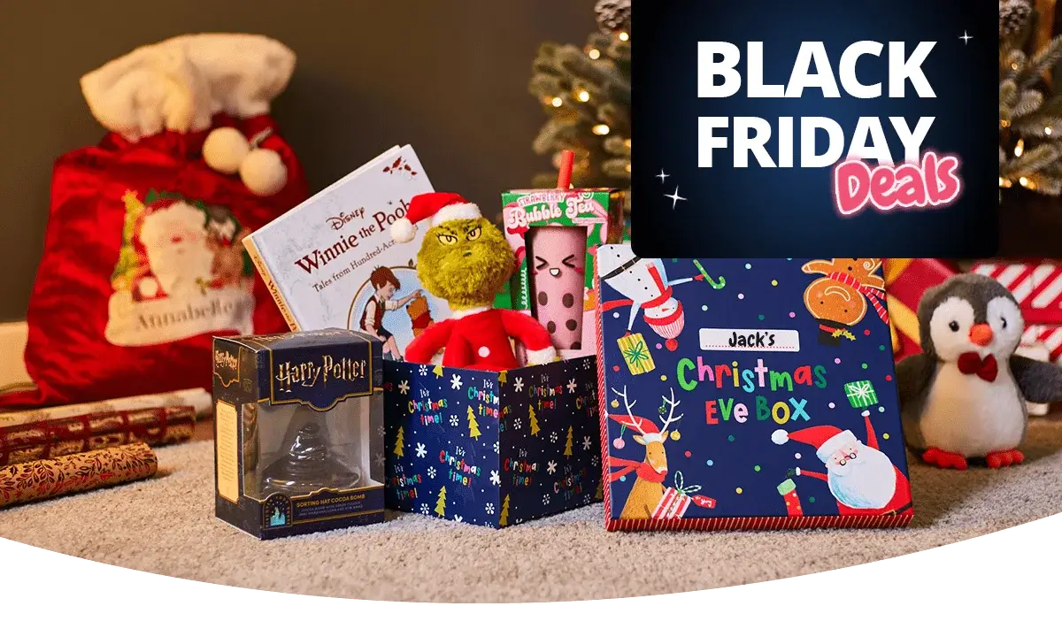 Christmas gift set featuring a Harry Potter collectible, Winnie the Pooh book, Grinch plush toy, festive cup, and a colorful Christmas Eve box, placed near a decorated tree with a Black Friday Deals banner in the corner. Christmas gift set featuring a Harry Potter collectible, Winnie the Pooh book, Grinch plush toy, festive cup, and a colorful Christmas Eve box, placed near a decorated tree with a Black Friday Deals banner in the corner.
