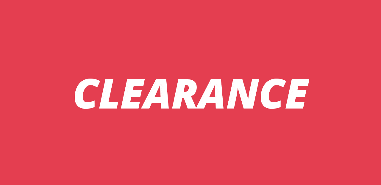 'The image shows the word 'CLEARANCE' in bold, white capital letters centered on a red background.'