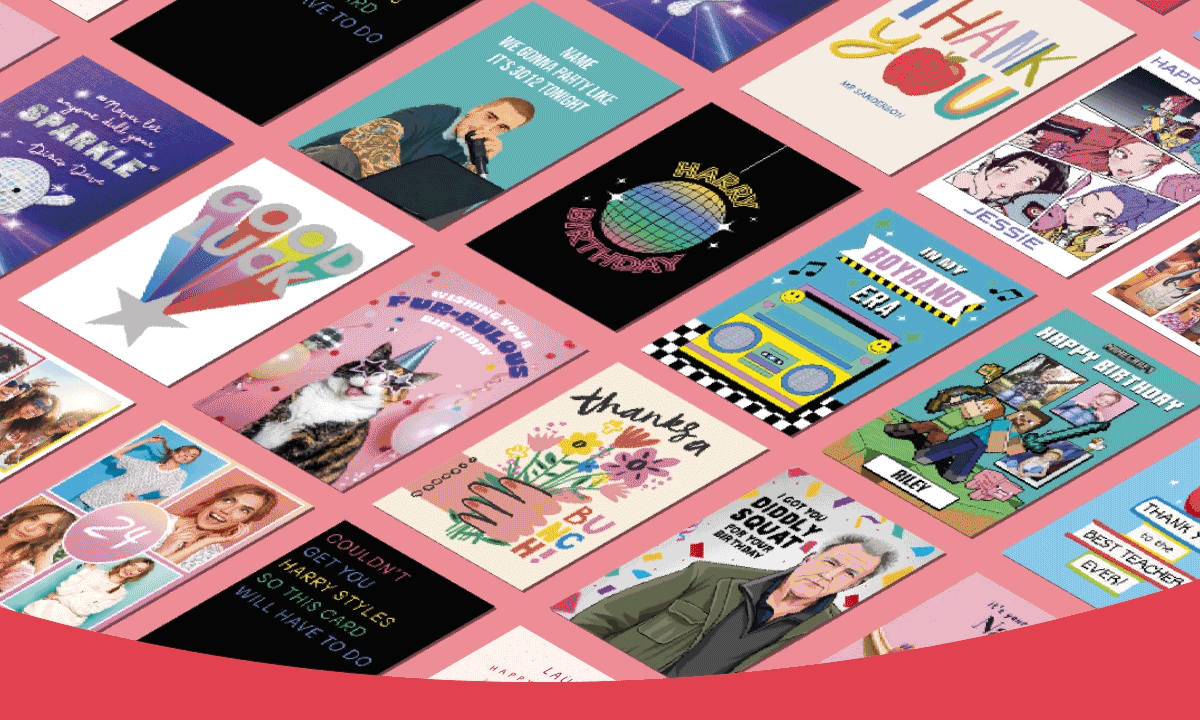 Assorted greeting cards and personalised designs arranged in a diagonal grid on a pink background Assorted greeting cards and personalised designs arranged in a diagonal grid on a pink background