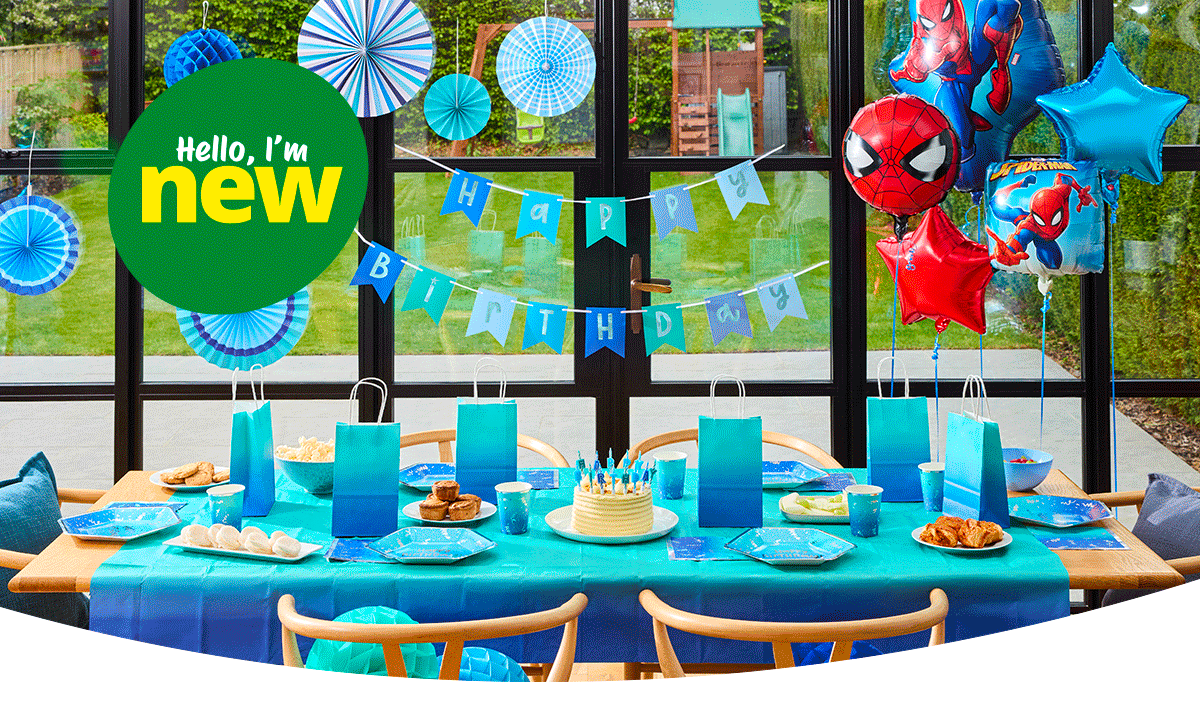 Blue birthday party table with a birthday cake, Happy Birthday candles, themed tableware, confetti, party favours, and birthday decorations. Blue birthday party table with a birthday cake, Happy Birthday candles, themed tableware, confetti, party favours, and birthday decorations.