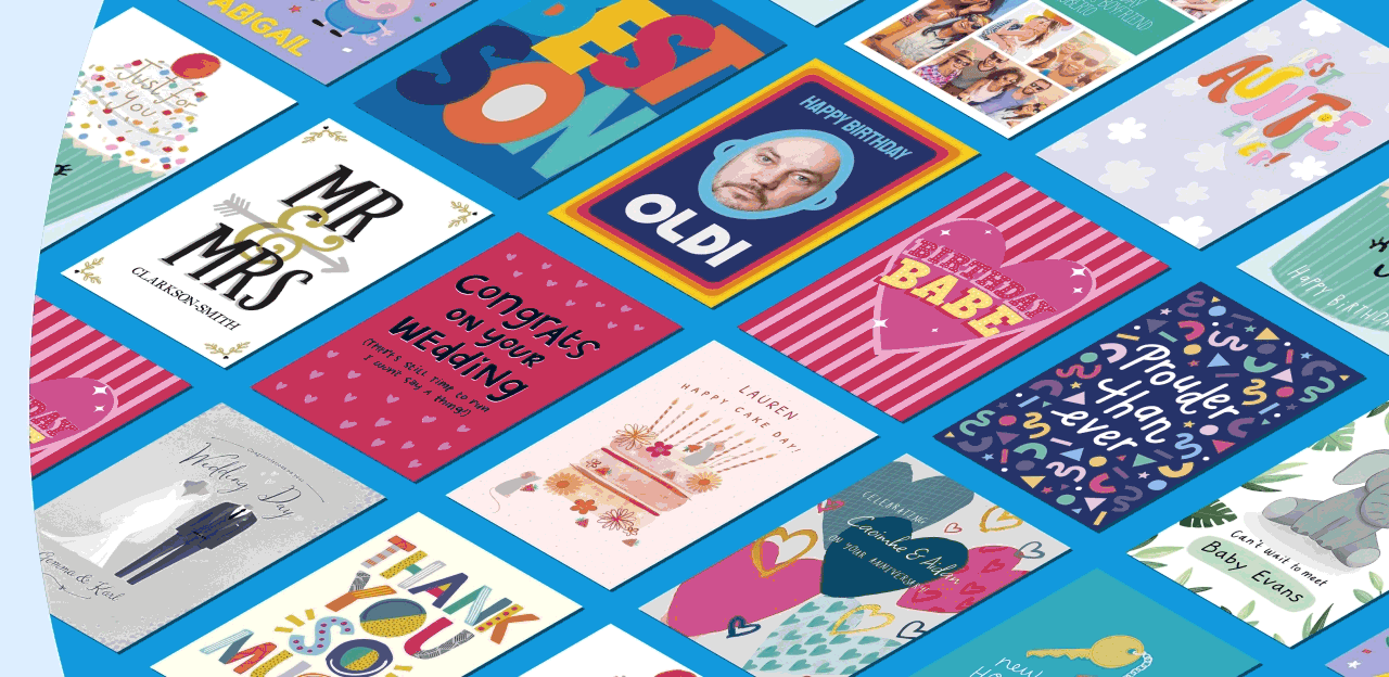 A colourful selection of greeting cards laid out in a grid, featuring designs for birthdays, weddings, thank‑you messages, new homes, and other celebrations.