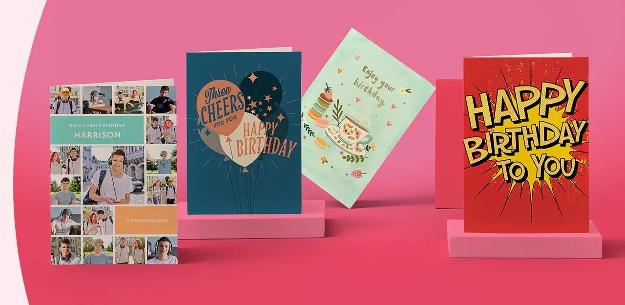Four birthday cards on a green background, featuring designs with photos, balloons, food and flowers, and comic-style text
