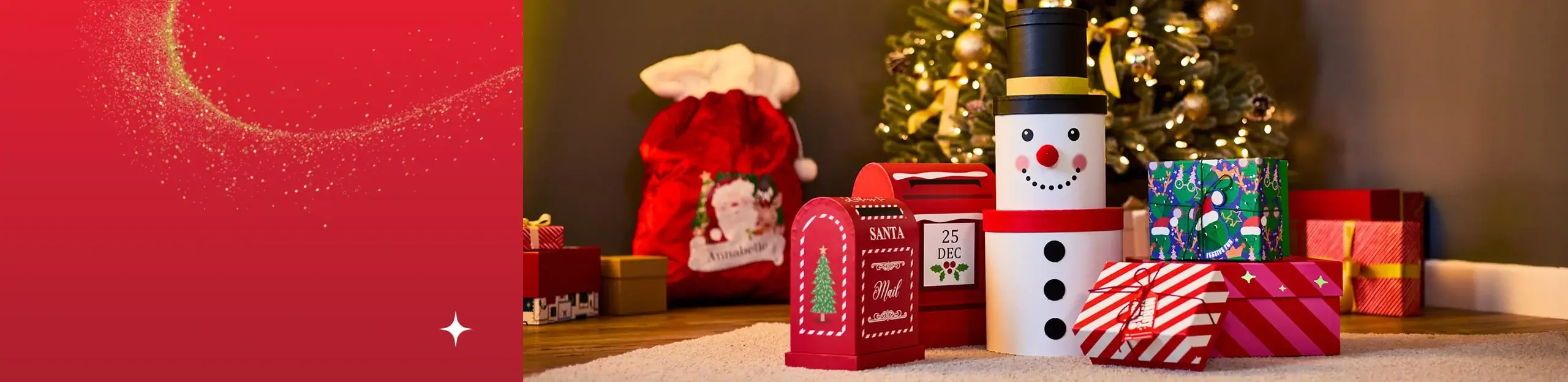 Festive scene with a decorated Christmas tree, snowman-shaped gift box, red mailboxes labeled SANTA and 25 DEC, colorful wrapped presents, and a large red Santa sack. Festive scene with a decorated Christmas tree, snowman-shaped gift box, red mailboxes labeled SANTA and 25 DEC, colorful wrapped presents, and a large red Santa sack.