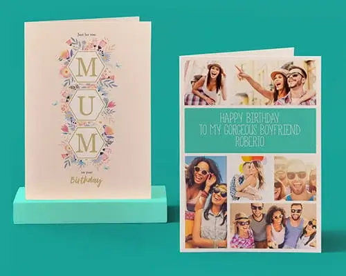 Birthday cards featuring floral mum design and personalised photo collage birthday card displayed on a teal background.
