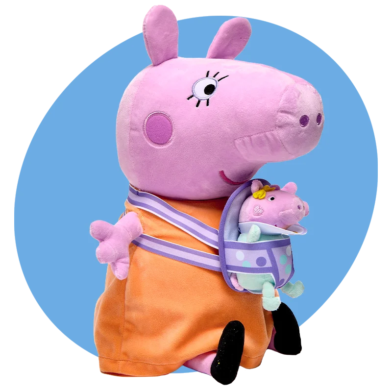 A Mummy Pig soft plush toy wearing an orange outfit and carrying a smaller baby pig plush in a patterned sling, displayed against a blue circular background.