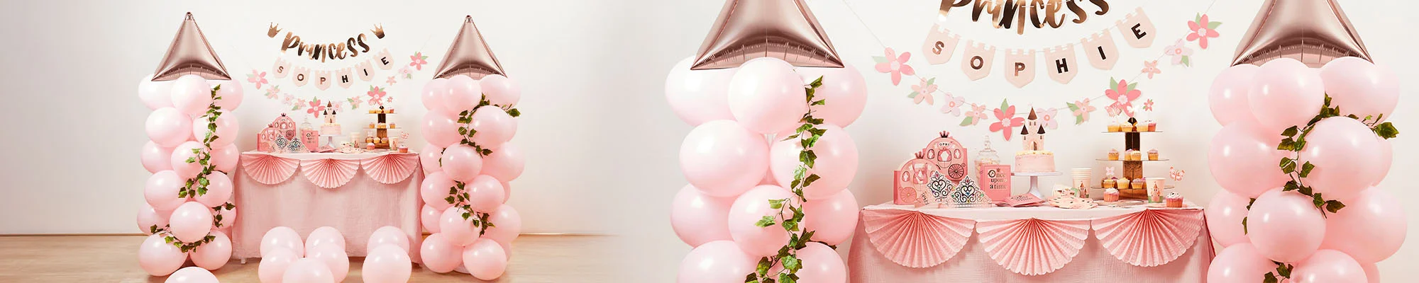 A pink princess-themed party table decorated with pastel balloon columns topped with rose-gold castle-turret foil balloons. Above the table hangs a personalised banner reading ‘Princess Sophie,’ surrounded by floral garlands, while the table is styled with cakes, cupcakes, party treats and princess-themed decorations. A pink princess-themed party table decorated with pastel balloon columns topped with rose-gold castle-turret foil balloons. Above the table hangs a personalised banner reading ‘Princess Sophie,’ surrounded by floral garlands, while the table is styled with cakes, cupcakes, party treats and princess-themed decorations.