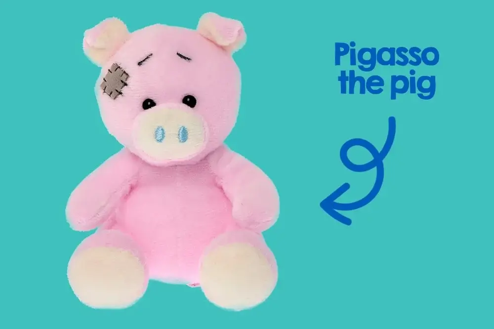 A pink stuffed pig toy with a stitched patch on its left eye, sitting against a pink background. The toy has black eyes, blue nostrils, and cream-colored feet and snout. A pink stuffed pig toy with a stitched patch on its left eye, sitting against a pink background. The toy has black eyes, blue nostrils, and cream-colored feet and snout.
