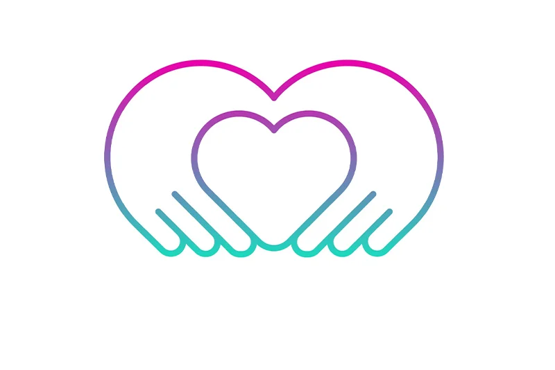 Logo for The Motherless Mothers, featuring two stylised hands forming the shape of a heart in a pink‑to‑purple gradient, with the organisation name written below in blue and teal text.
