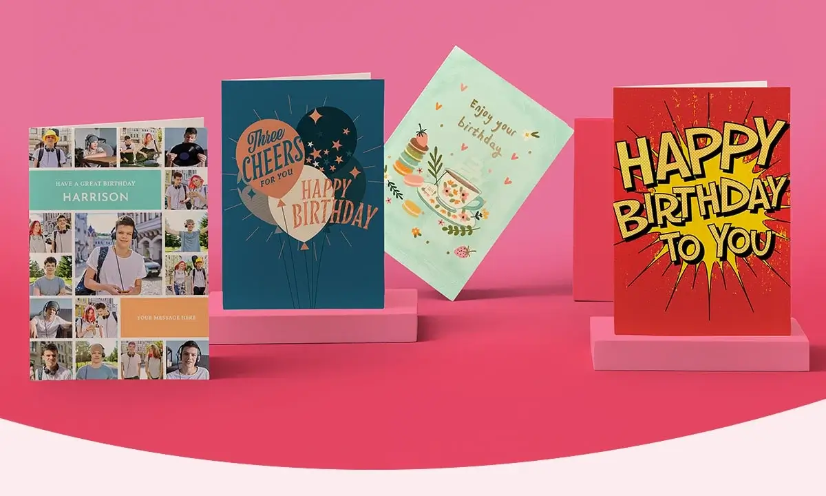 Four birthday cards on a green background, featuring designs with photos, balloons, food and flowers, and comic-style text