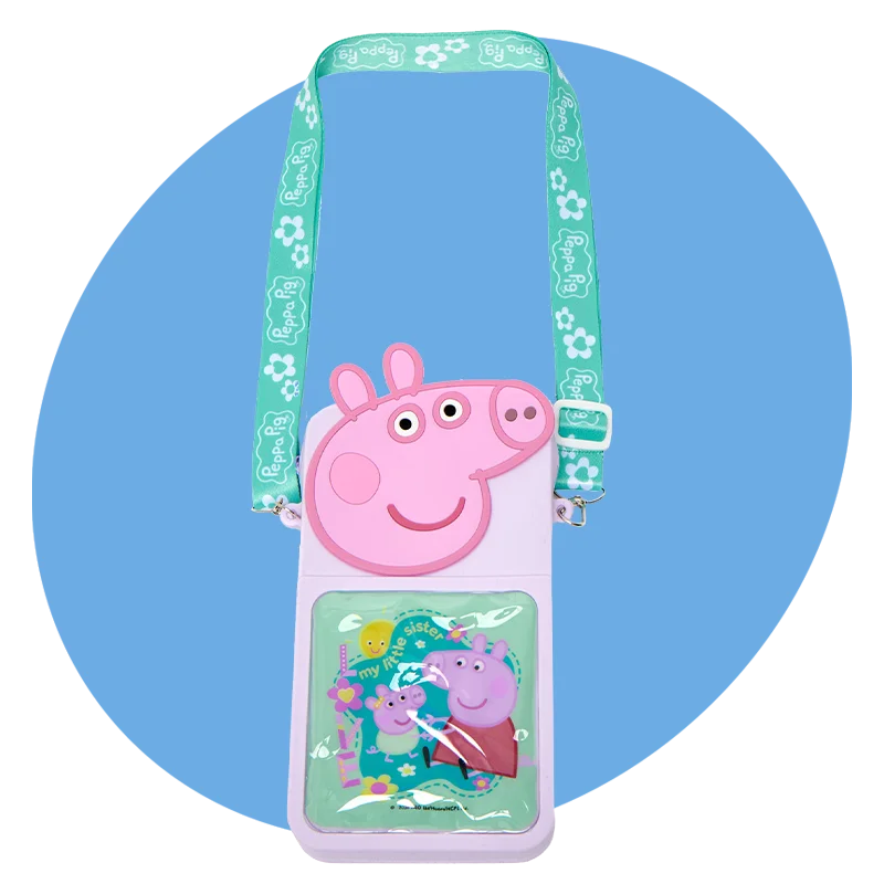 A Peppa Pig crossbody pouch with an adjustable teal strap, featuring a raised Peppa Pig face and a clear front pocket showing Peppa Pig character artwork, displayed against a blue circular background.
