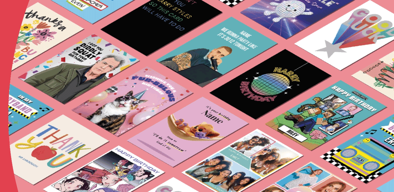 Assorted greeting cards and personalised designs arranged in a diagonal grid on a pink background Assorted greeting cards and personalised designs arranged in a diagonal grid on a pink background
