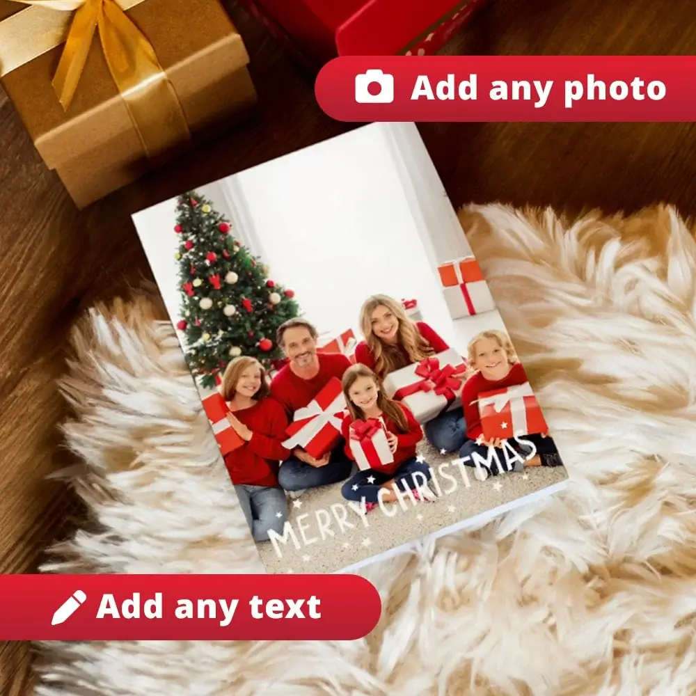 Christmas card placed on a fluffy rug featuring a family of five in matching red sweaters holding wrapped gifts in front of a decorated Christmas tree, with Merry Christmas written at the bottom and options to add any photo and text.