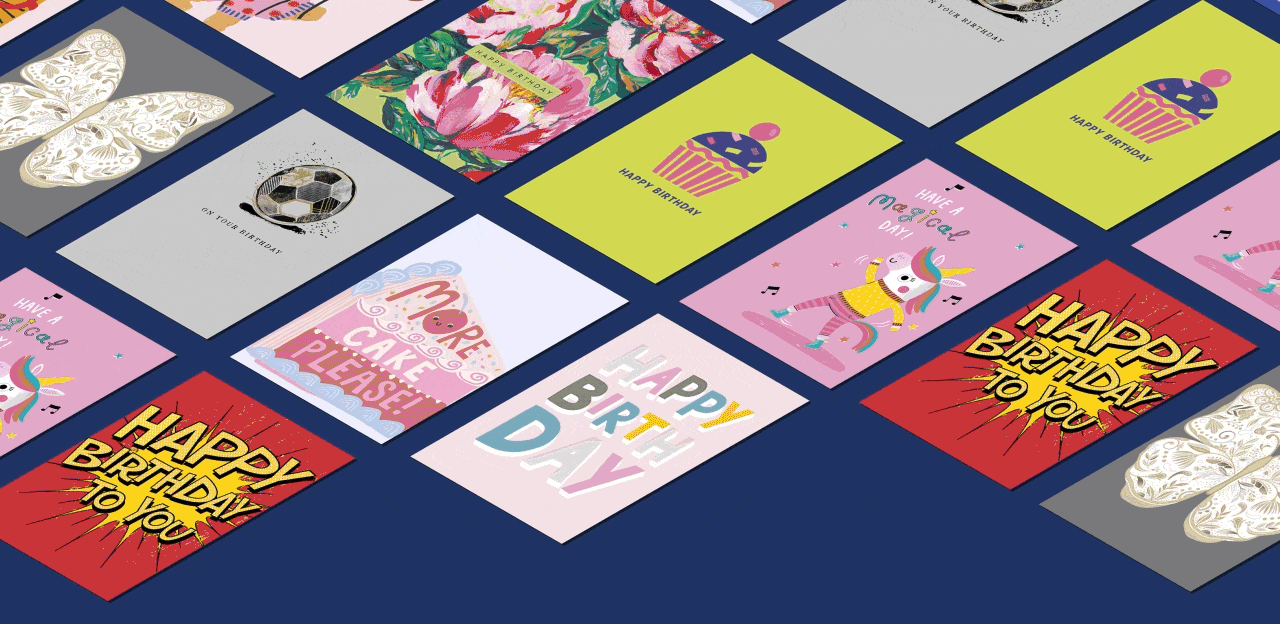 A collection of colorful greeting cards arranged on an orange background. The cards feature various designs, including a soccer ball, a bear with sunglasses, flowers, and birthday messages such as 'HAPPY BIRTHDAY', 'HAPPY BIRTHDAY TO YOU', and 'MORE CAKE PLEASE