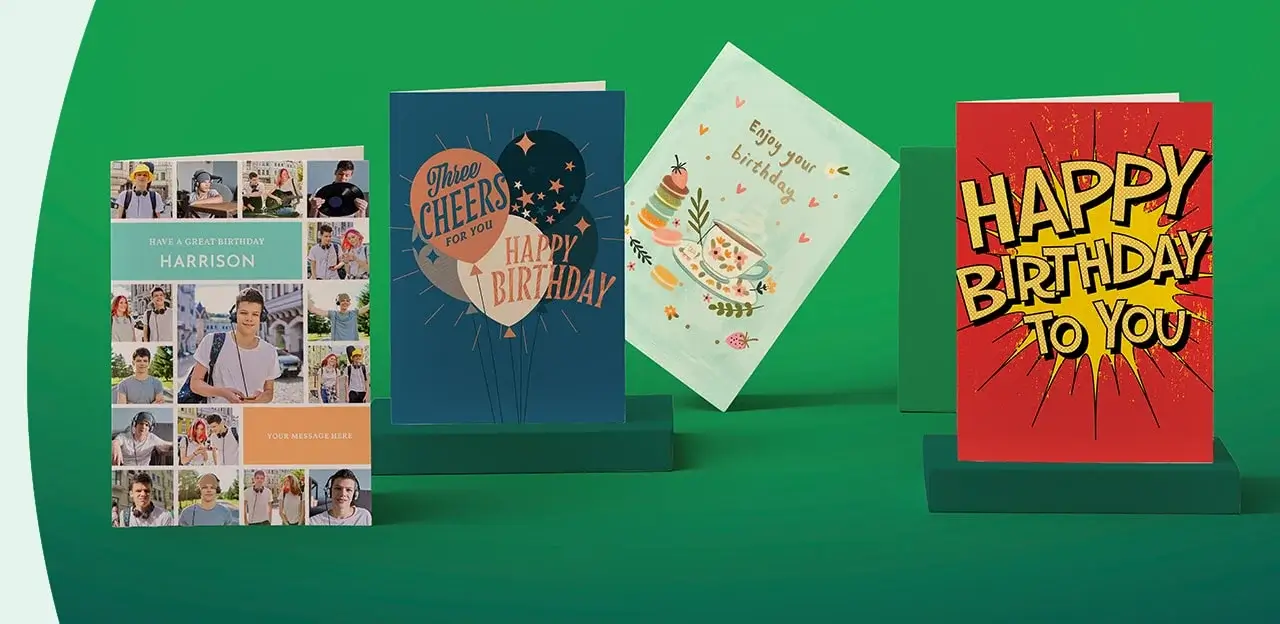Four birthday cards on a green background, featuring designs with photos, balloons, food and flowers, and comic-style text
