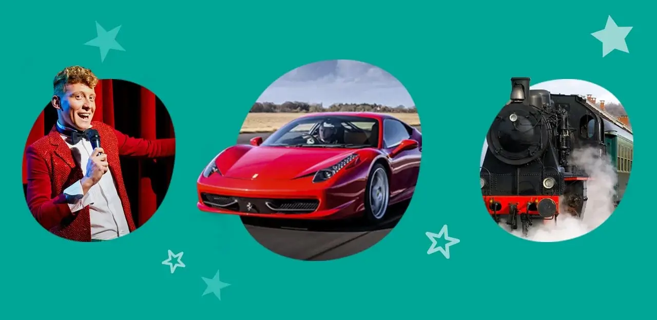The image is divided into three circular sections against a teal background with star patterns. The left section shows a person at a checkout counter, the middle section features a red sports car on a road, and the right section depicts another person browsing greeting cards in a store.
