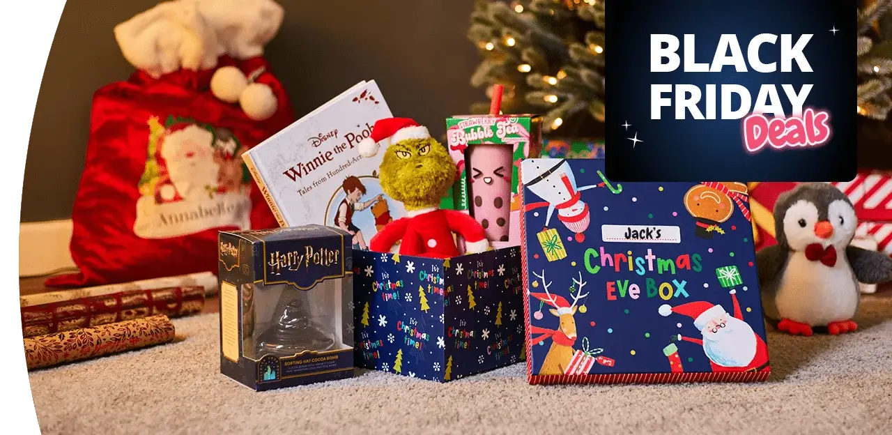 Christmas gift set featuring a Harry Potter collectible, Winnie the Pooh book, Grinch plush toy, festive cup, and a colorful Christmas Eve box, placed near a decorated tree with a Black Friday Deals banner in the corner. Christmas gift set featuring a Harry Potter collectible, Winnie the Pooh book, Grinch plush toy, festive cup, and a colorful Christmas Eve box, placed near a decorated tree with a Black Friday Deals banner in the corner.