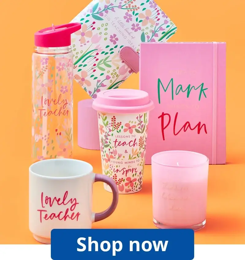 A collection of teacher-themed gifts on an orange background, including a pink water bottle labeled 'lovely Teacher', a floral notebook, a pink planner with 'Mark to Plan', a travel mug with 'Lessons to teach & young minds to inspire', a white mug with 'lovely Teacher', and a pink candle. A blue button at the bottom reads 'Shop now'.