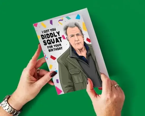 TV-themed birthday card featuring an illustrated character and I Got You Diddly Squat For Your Birthday message held against a green background.