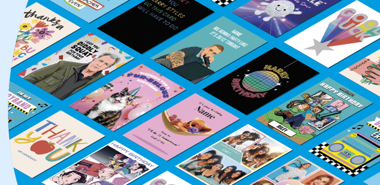 A colourful selection of greeting cards laid out in a grid, featuring designs for birthdays, weddings, thank‑you messages, new homes, and other celebrations. A colourful selection of greeting cards laid out in a grid, featuring designs for birthdays, weddings, thank‑you messages, new homes, and other celebrations.