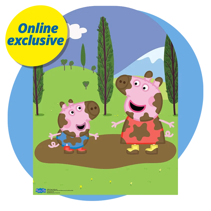 A Peppa Pig illustrated poster showing Peppa Pig and a smaller character standing in a muddy puddle in a green outdoor scene with trees and hills, featuring a yellow ‘Online exclusive’ badge in the top left corner, displayed against a blue circular background.