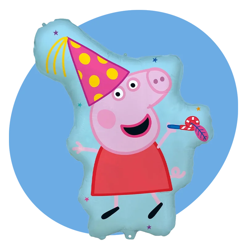 A Peppa Pig–shaped foil balloon showing Peppa Pig wearing a party hat and holding a party blower, displayed against a blue circular background.