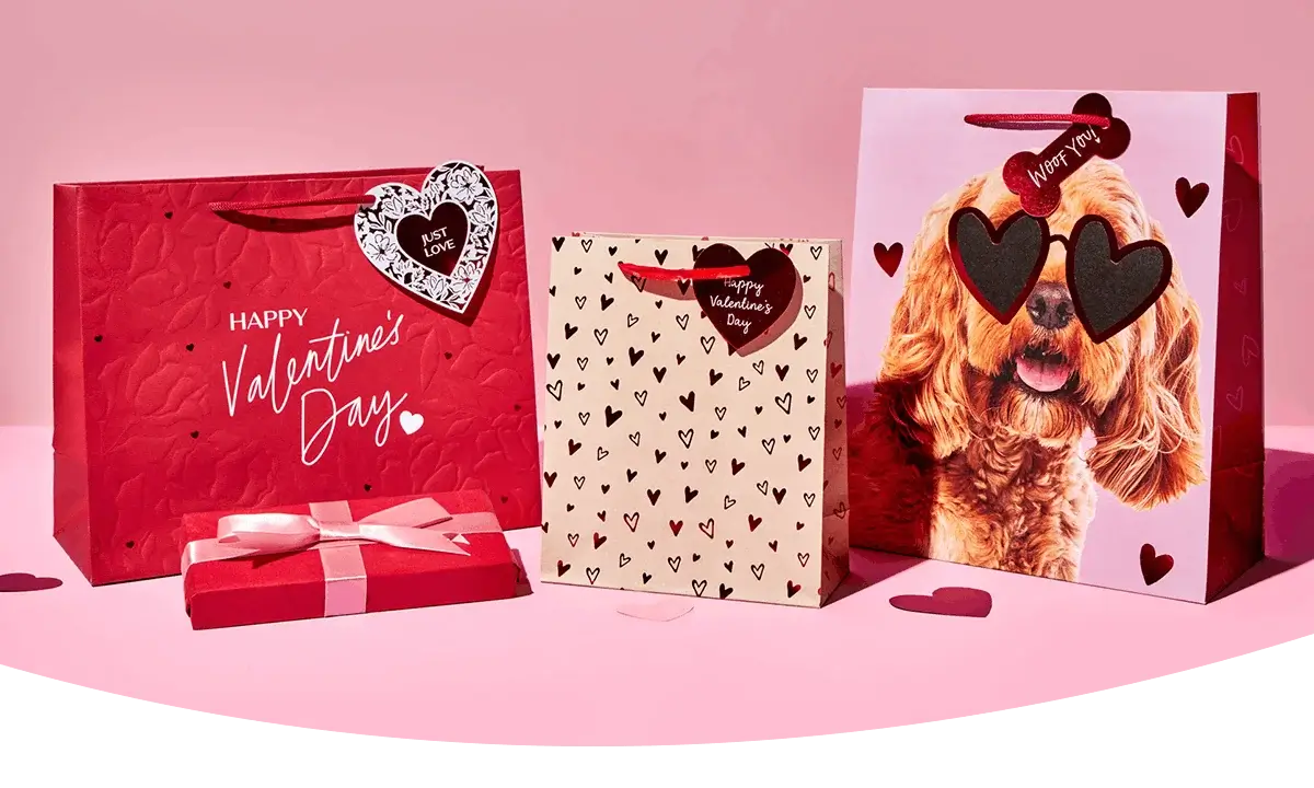 A set of Valentine’s Day gift bags and a wrapped present displayed on a pink background, featuring heart patterns, red and cream colors, and one bag with a dog wearing heart-shaped glasses.