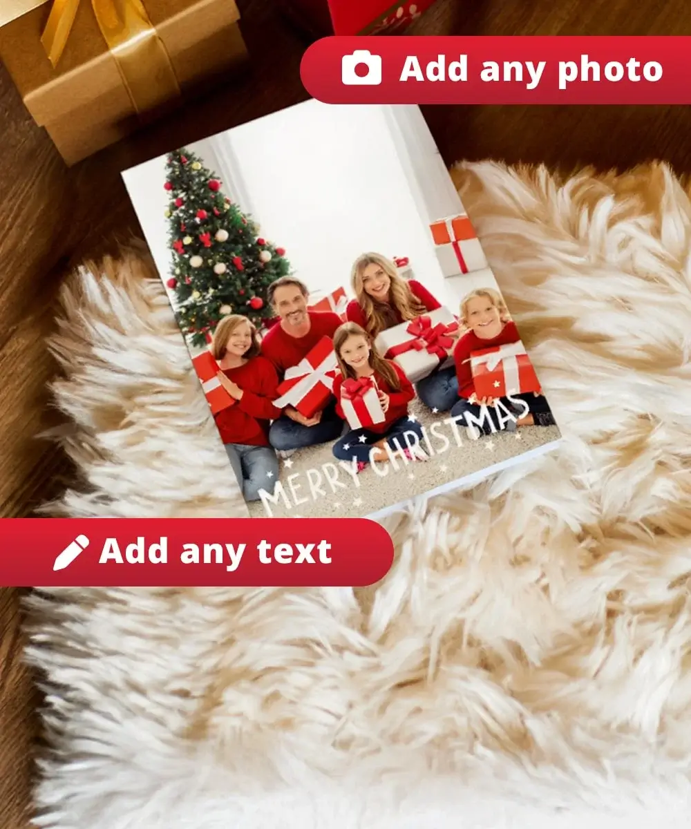 Christmas card placed on a fluffy rug featuring a family of five in matching red sweaters holding wrapped gifts in front of a decorated Christmas tree, with Merry Christmas written at the bottom and options to add any photo and text.
