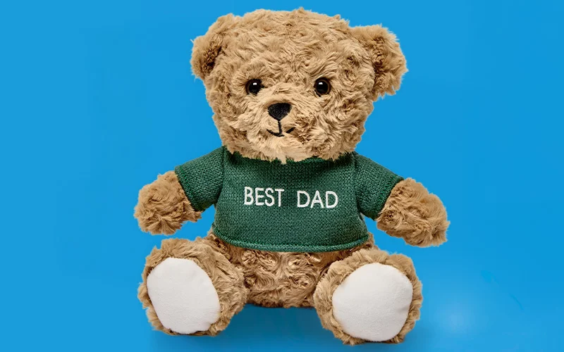 A soft brown teddy bear wearing a green knitted jumper with the words ‘Best Dad’ printed on the front, displayed against a bright blue background. A soft brown teddy bear wearing a green knitted jumper with the words ‘Best Dad’ printed on the front, displayed against a bright blue background.