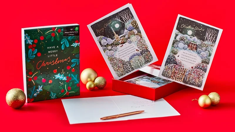 Set of Christmas cards on a bright red background, including a box labeled Have a Merry Little Christmas with festive foliage and berries, two propped-up cards showing snowy winter scenes with a church and a house, gold ornaments, and an open card with an envelope and pen.